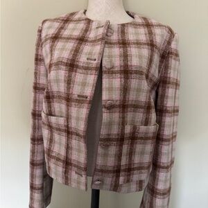 Altar'd State Pink and Brown Plaid Collarless Blazer